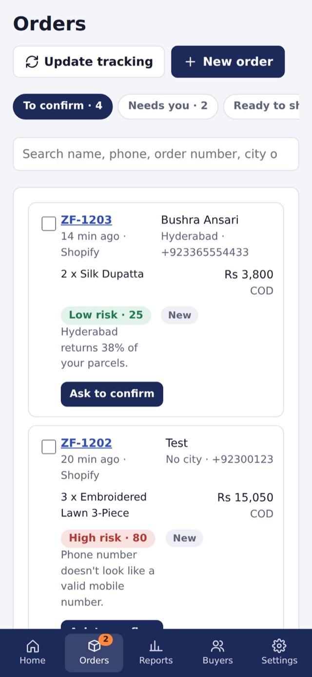 Orders on a phone