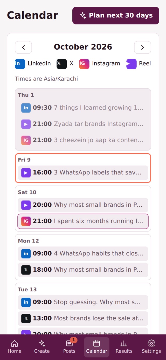 The posting calendar on a phone