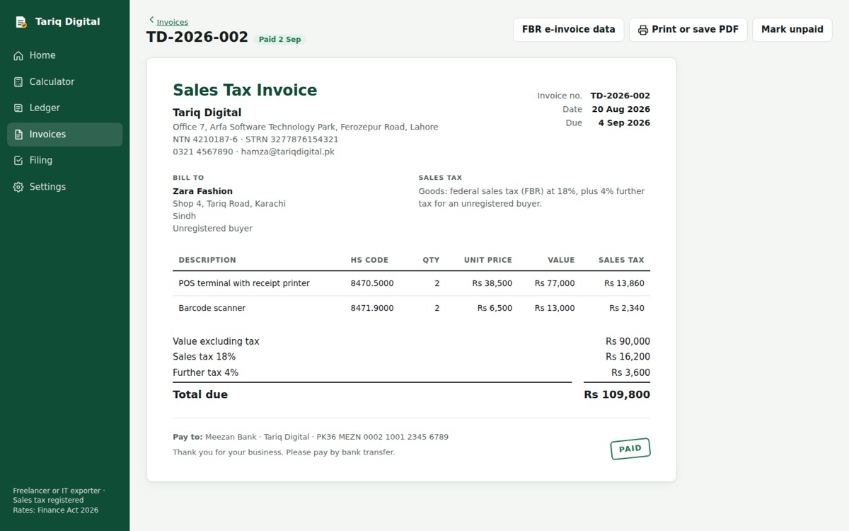 A sales tax invoice with tax lines and totals