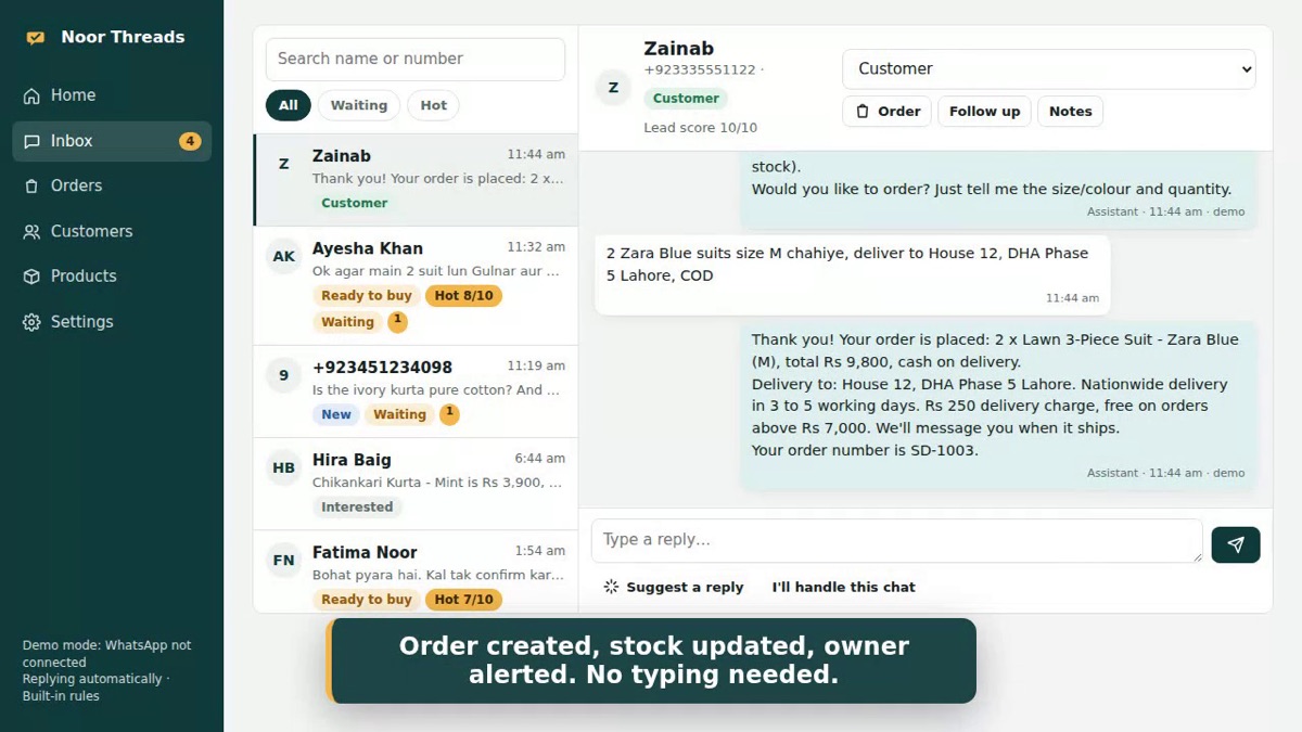 The assistant taking an order inside a WhatsApp chat